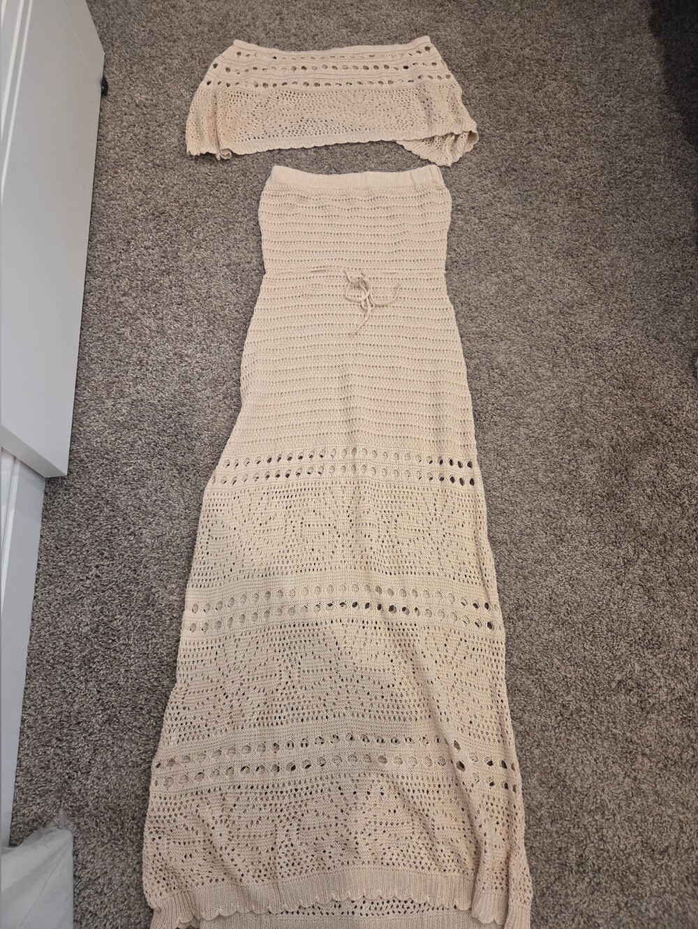 Beige Crochet Strapless Maxi Dress
